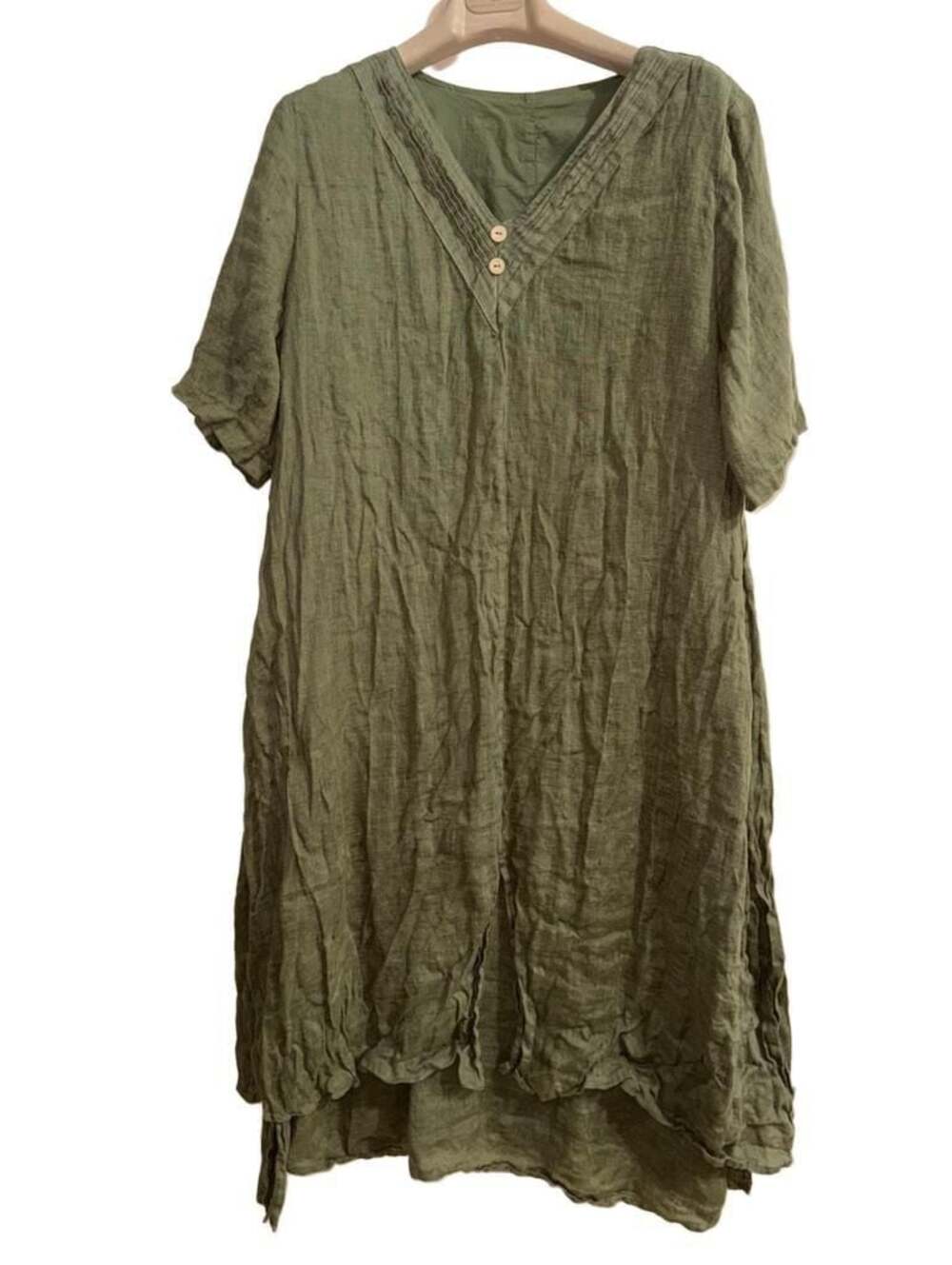 Lintico Olive Green Linen V-Neck Short Sleeve Asymmetric Hem Maxi Dress Sz XXL